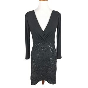 Badgley Mischka Black Beaded Cocktail Dress V Neck Long Sleeve Size 10 Evening